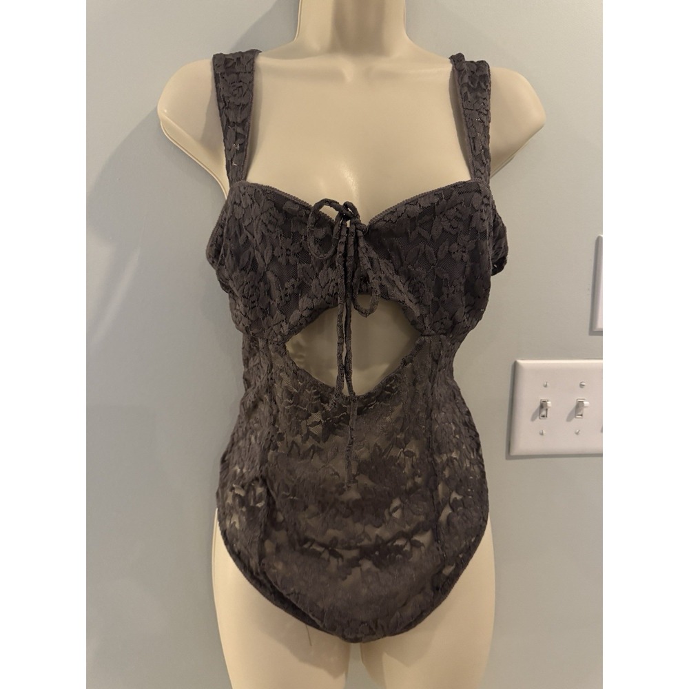 Free People Intimately FP Strike a Pose Lace Bodysuit Gray Volcanic Glass One Sz